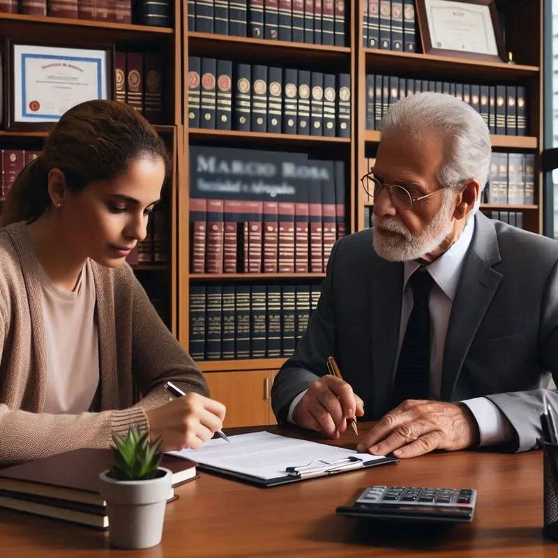 Um servidor público consultando um advogado especializado da Márcio Rosa Sociedade de Advogados, revisando documentos relacionados à aposentadoria e benefícios previdenciários. O ambiente é profissional e acolhedor, transmitindo confiança e segurança